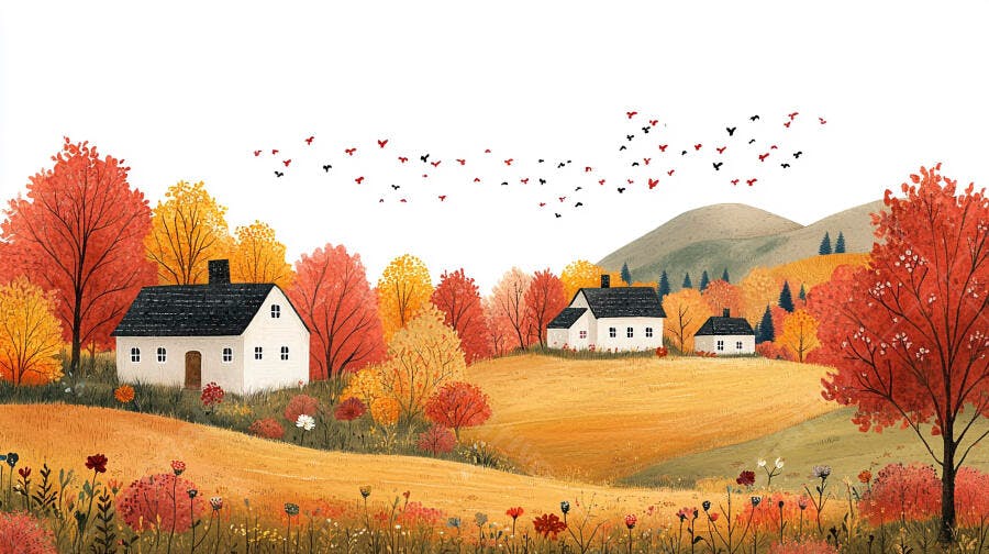 Ilustração Outono Casas Campo Árvores Laranjas Pássaros