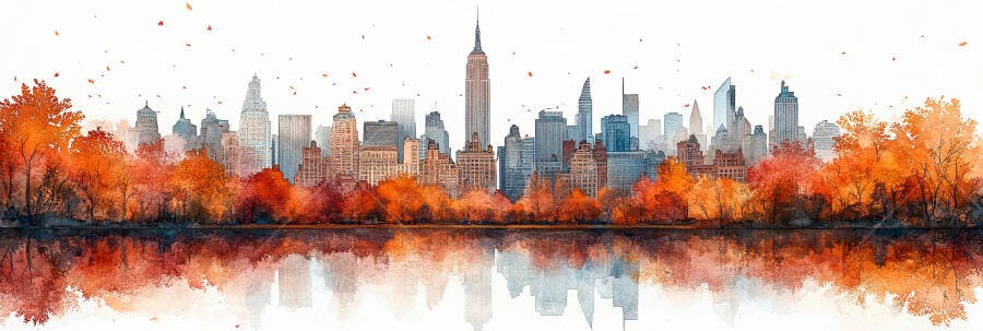 Paisagem Urbana Nova York Outono Aquarela Reflexo Água
