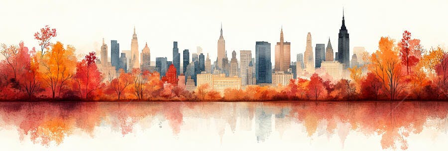 Pintura Aquarela Skyline Nova York Outono Reflexo Água