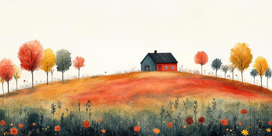 Ilustração Casa Campo Outono Aquarela Estilo Infantil