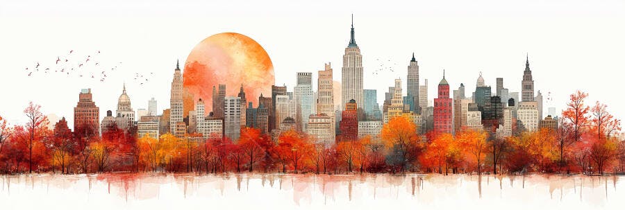 Ilustração Aquarela Skyline Cidade Outono Pôr do Sol