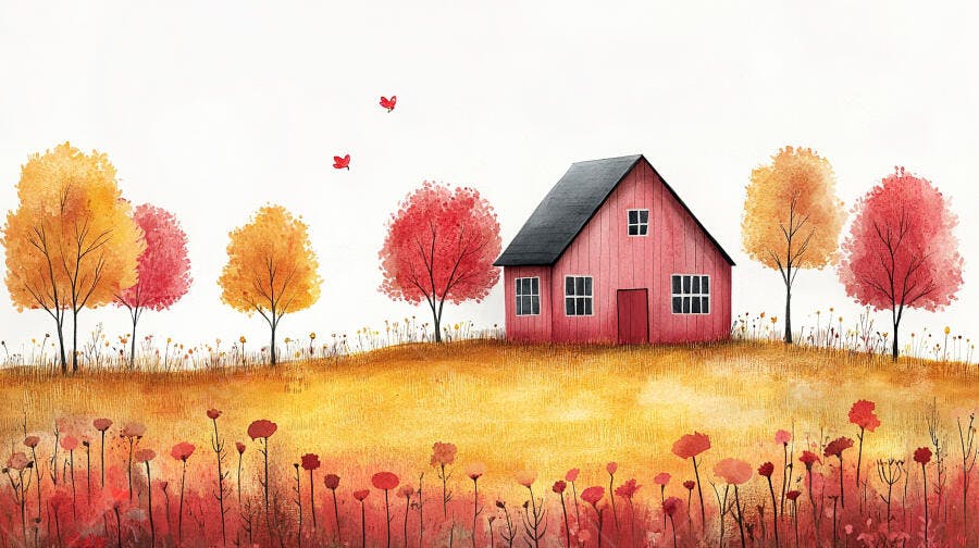 Pintura Aquarela Casa Rosa Campo Flores Outono
