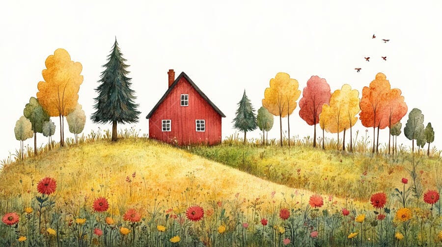 Ilustração Aquarela Casa Vermelha Campo Outono Árvores Coloridas