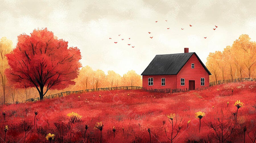 Ilustração Casa Vermelha Campo Outono Árvore Laranja