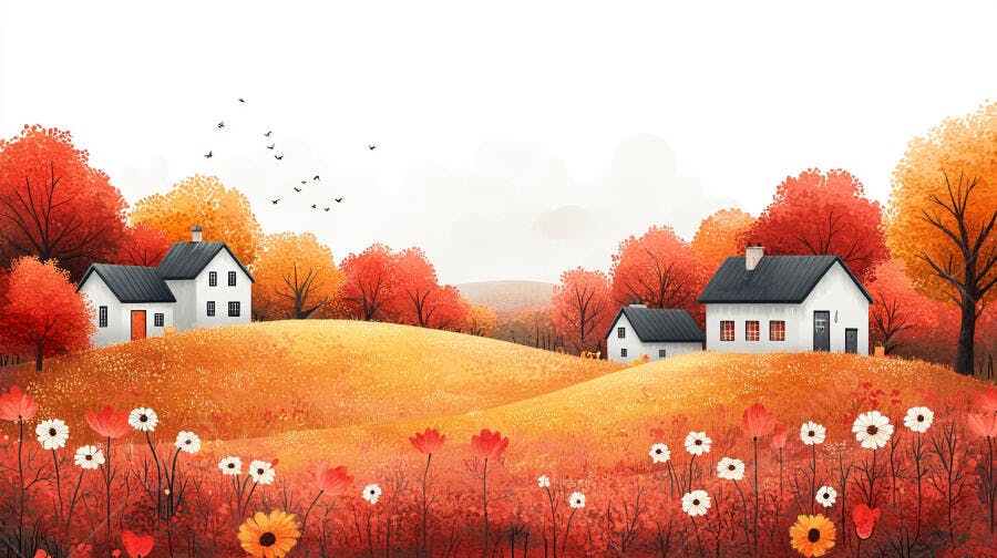 Ilustração Casas Campo Outono Flores Laranjas Aquarela