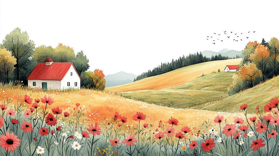 Pintura Aquarela Paisagem Campo Casa Flores Verão