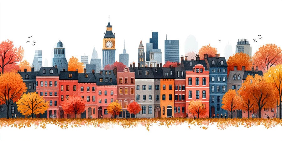 Ilustração Cidade Outono Big Ben Casas Coloridas