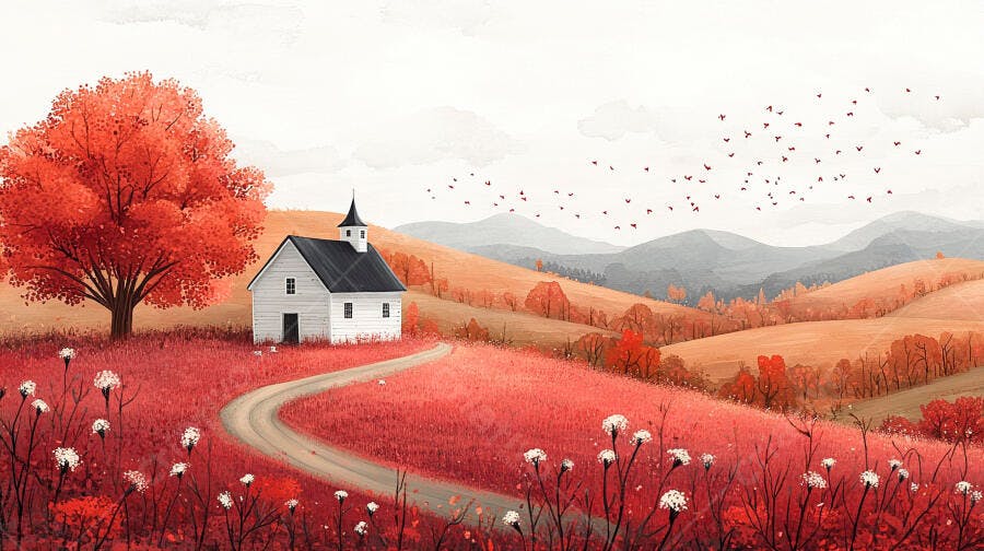 Ilustração Aquarela Casa Campo Árvore Vermelha Outono