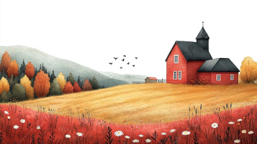 Ilustração Aquarela Fazenda Outono Celeiro Vermelho Paisagem