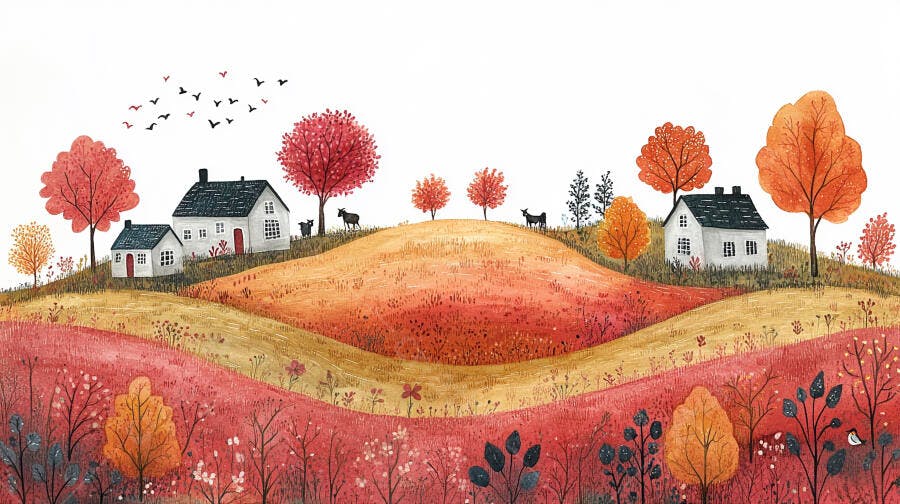Ilustração Aquarela Paisagem Outono Casas Campo