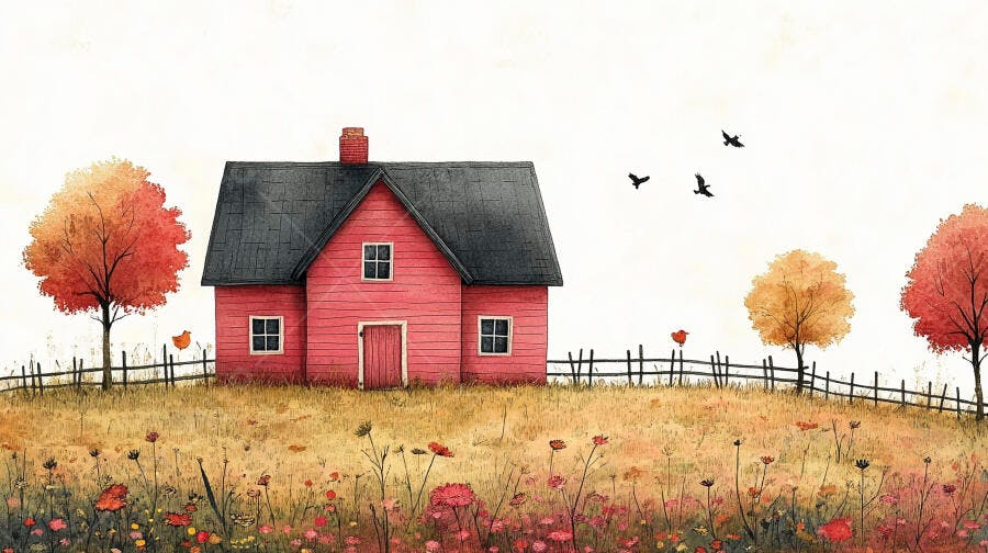 Ilustração Aquarela Casa Vermelha Campo Outono