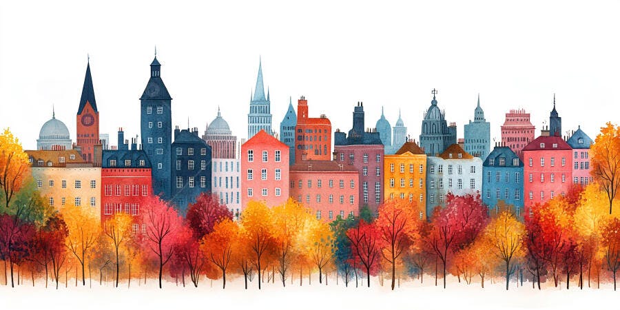 Ilustração Cidade Outono Aquarela Colorida