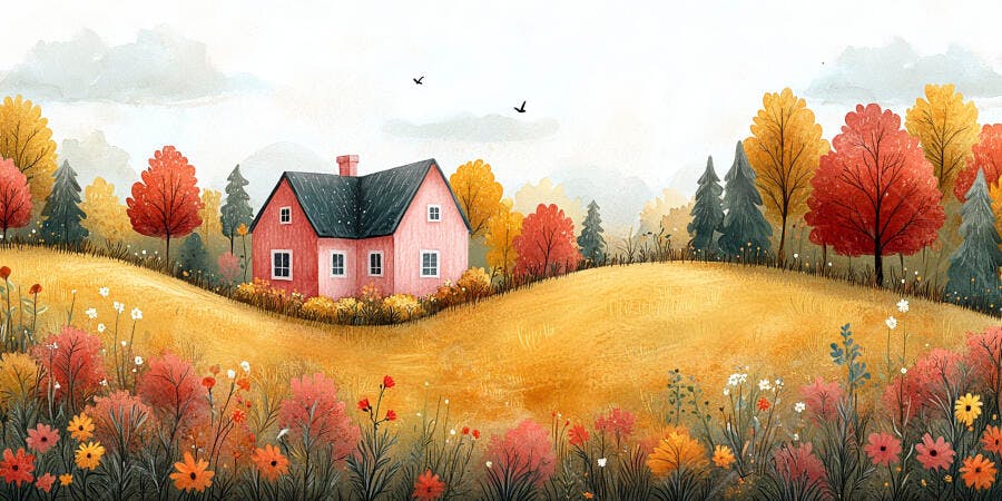 Casa Rosa Campo Outono Estilo Aquarela Ilustração