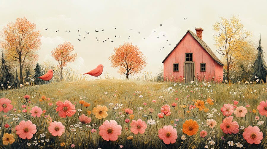 Ilustração Casa Campo Flores Primavera Pássaros