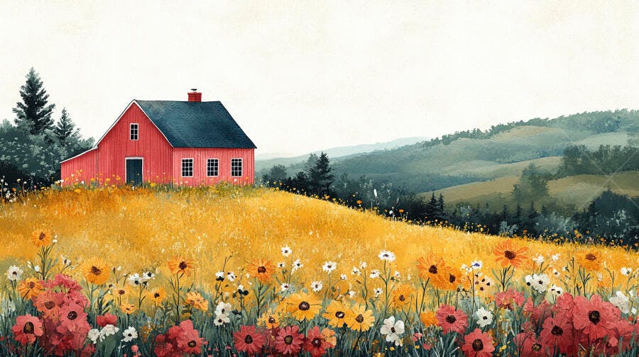 Pintura Aquarela Casa Vermelha Campo Flores Amarelas