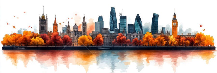 Skyline de Londres Outono Rio Tâmisa Aquarela Digital