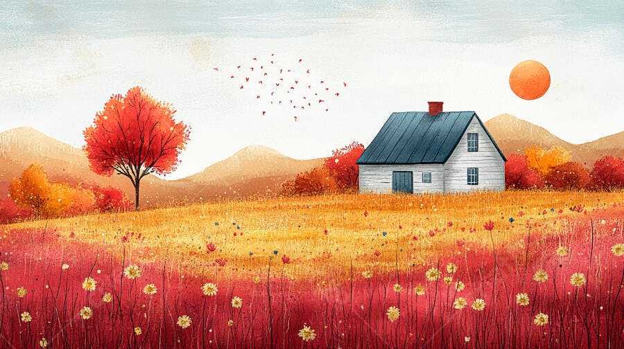 Ilustração Casa Branca Campo Flores Vermelhas Outono