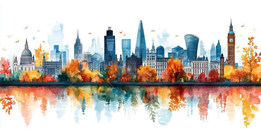 Skyline Londres Outono Aquarela Big Ben Rio Tâmisa