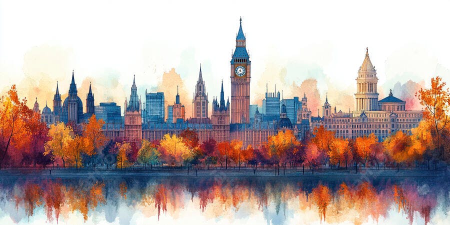 Londres Outono Aquarela Big Ben Rio Tâmisa Skyline