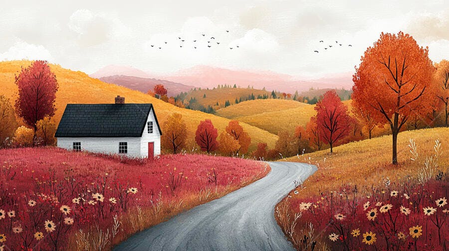 Pintura Casa Branca Estrada Campo Outono Cores Vibrantes