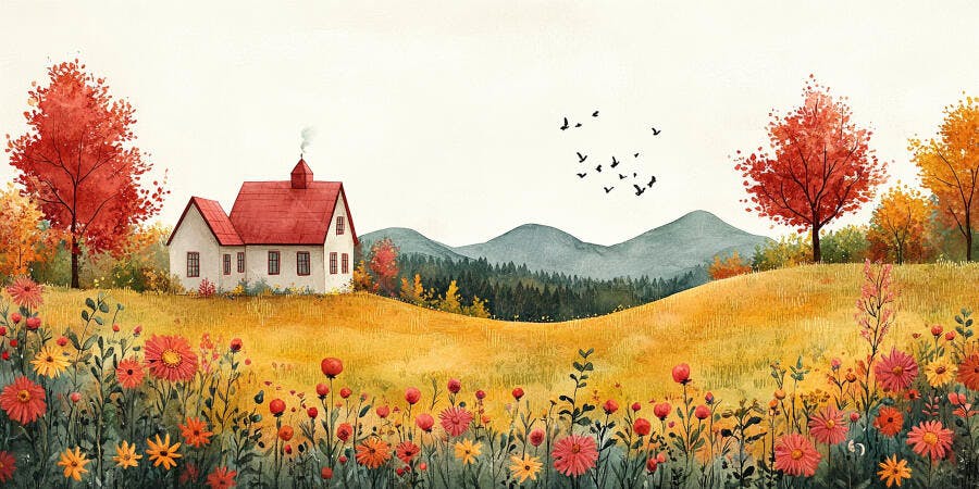 Ilustração Aquarela Casa Campo Flores Outono Montanhas