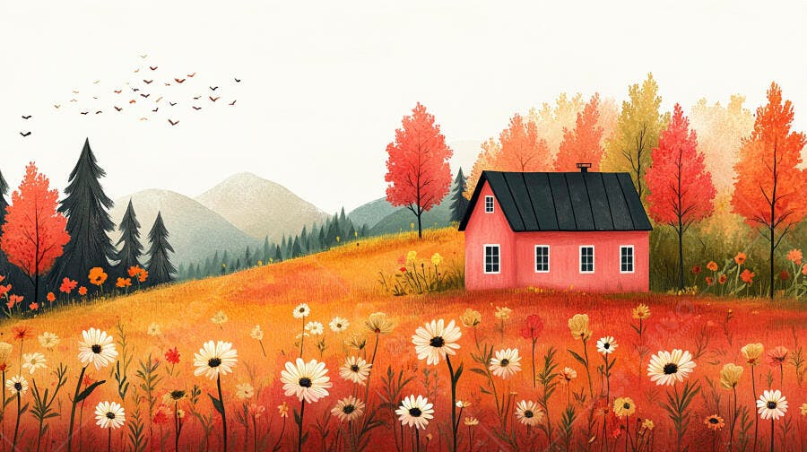 Ilustração Casa Campo Outono Flores Brancas Montanhas