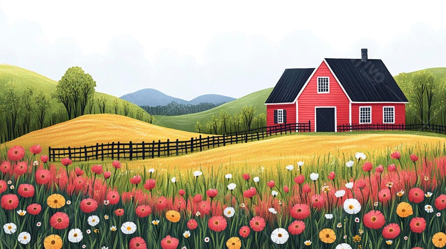 Ilustração Casa Vermelha Campo Florido Estilo Pintura
