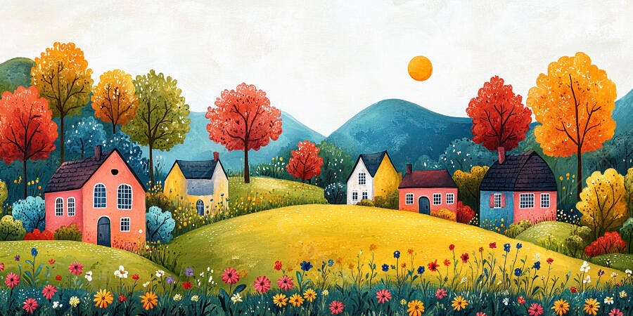 Ilustração Casas Coloridas Campo Estilo Aquarela
