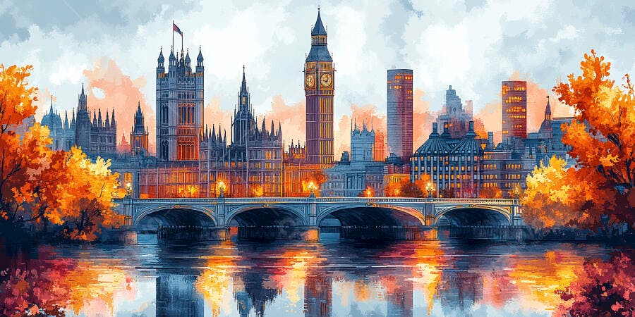 Pintura Aquarela Londres Big Ben Outono Rio Tâmisa