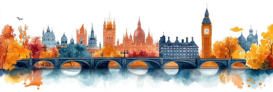 Skyline de Londres aquarela em tons outonais com Big Ben e ponte sobre o rio