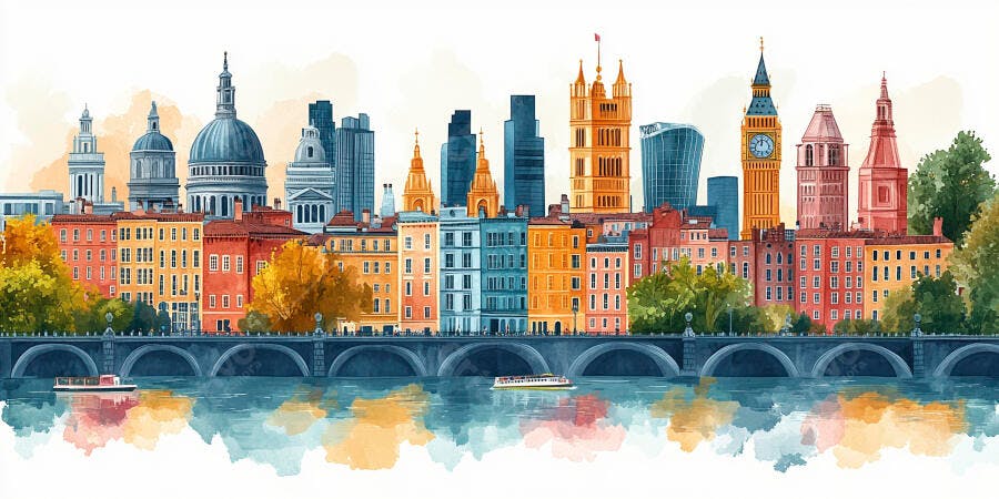 Cenário urbano de Londres em aquarela com Big Ben e Tâmisa