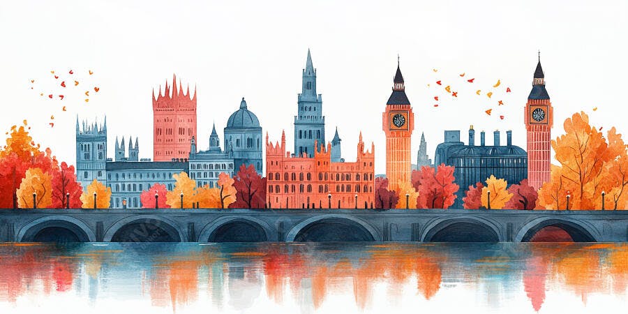 Ilustração Aquarela Londres Outono Big Ben Ponte Tâmisa