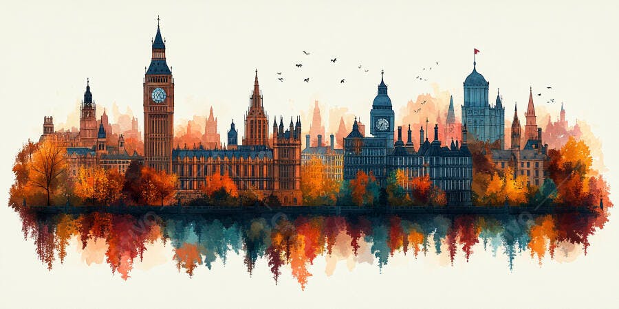 Ilustração Aquarela Londres Outono Big Ben Rio Tâmisa