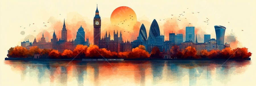 Paisagem Urbana Londres Aquarela Pôr do Sol Rio Tâmisa