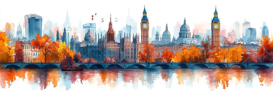 Ilustração Londres Outono Big Ben Rio Tâmisa Aquarela