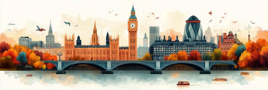 Ilustração Londres Outono Big Ben Ponte Tâmisa Aquarela