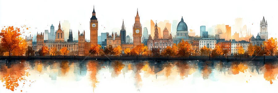 Ilustração Aquarela Londres Outono Rio Tâmisa Pontos Turísticos