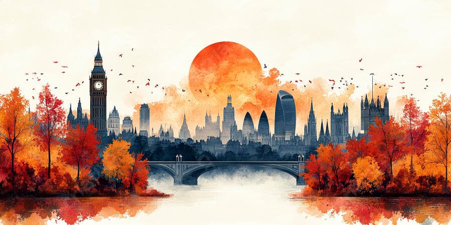 Paisagem Urbana Londres Outono Aquarela Pôr do Sol