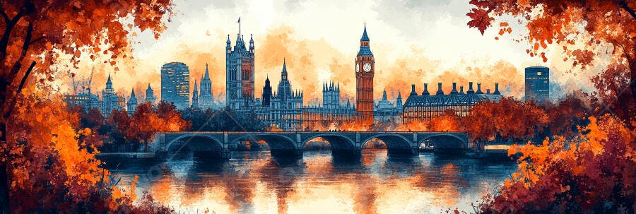 Londres Outono Aquarela Big Ben Ponte Westminster Rio Tâmisa