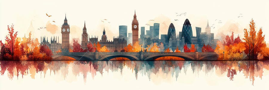 Londres Outono Aquarela Skyline Rio Tâmisa