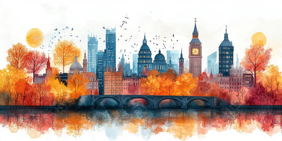 Ilustração Aquarela Londres Outono Big Ben Ponte Rio Tâmisa