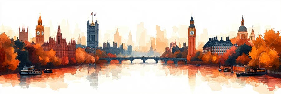 Ilustração Londres Outono Rio Tâmisa Big Ben Aquarela