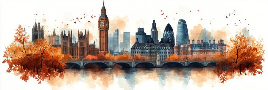 Ilustração Aquarela Londres Outono Big Ben Ponte Tâmisa