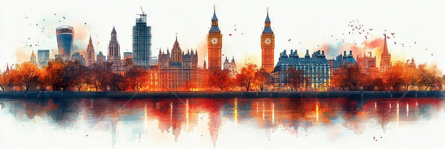 Skyline Londres Aquarela Rio Tâmisa Pôr do Sol