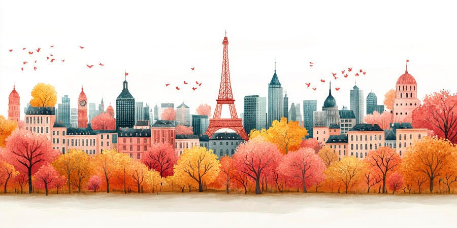 Ilustração Aquarela Cidade Paris Outono Torre Eiffel
