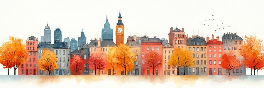 Ilustração Cidade Outono Aquarela Edifícios e Árvores Coloridas