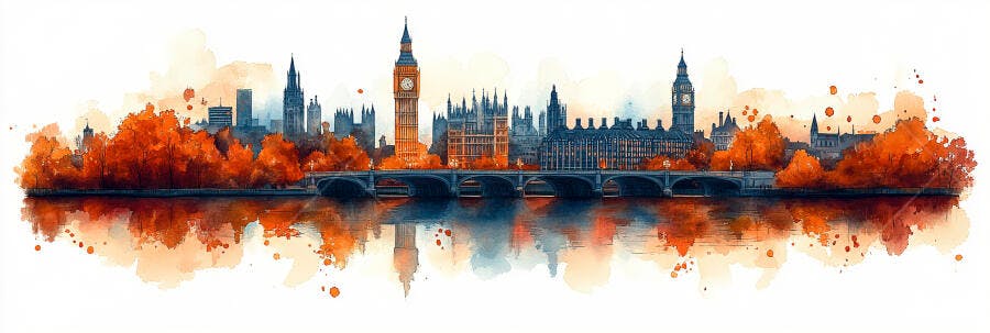 Paisagem Urbana Londres Outono Aquarela Big Ben Rio Tâmisa