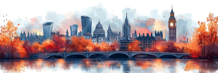 Skyline Londres Outono Aquarela Big Ben Ponte