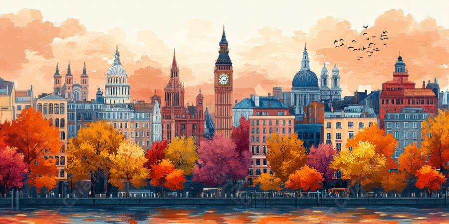 Ilustração Londres Outono Rio Tâmisa Big Ben Aquarela