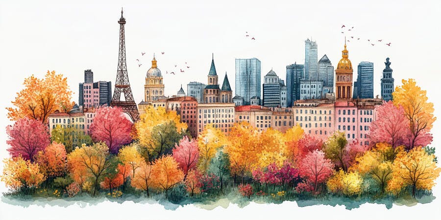 Ilustração Aquarela Cidade Paris Outono Torre Eiffel